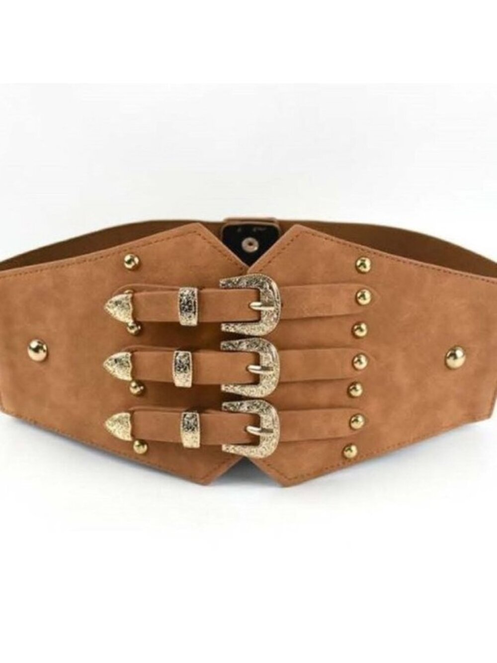 Camel Gold Vintage Style 3-Buckle Cumberbund Belt - Elastic Back - Snap Closure